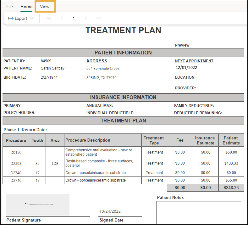 Example Treatment Plan report with a yellow highlight box around the View tab.